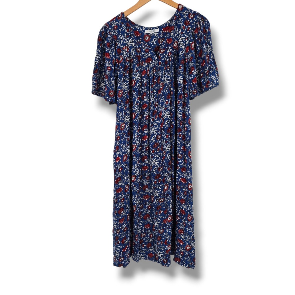 Go Softly Patio Womens Blue Floral Muumuu House Dress Side Pocket Midi Zip Front